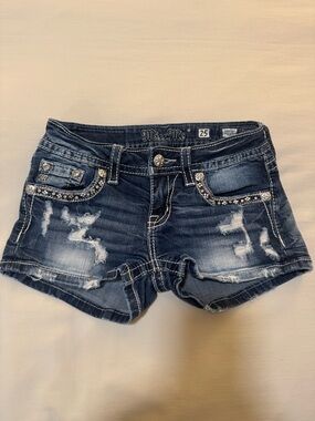 Miss Me Dark Blue Distressed Jean Shorts with Rhinestone Trim